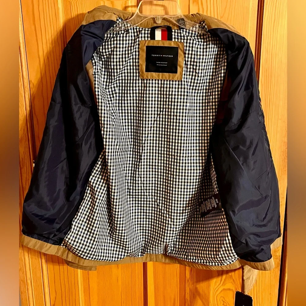 NWT Tommy Hilfiger Mens Khaki Micro Twill Jacket L Gingham Lined Harrington Coat